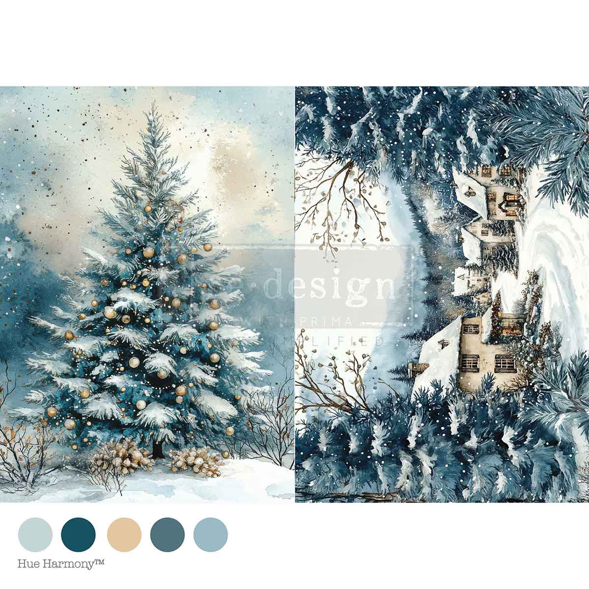 Re-Design with Prima, Decoupage Fiber Paper, Christmas, Silent Night Sparkle, Snow Scene, Village, Christmas Tree, A4, 8.27″x11.69″, 2025 Q4 Re-Design with Prima