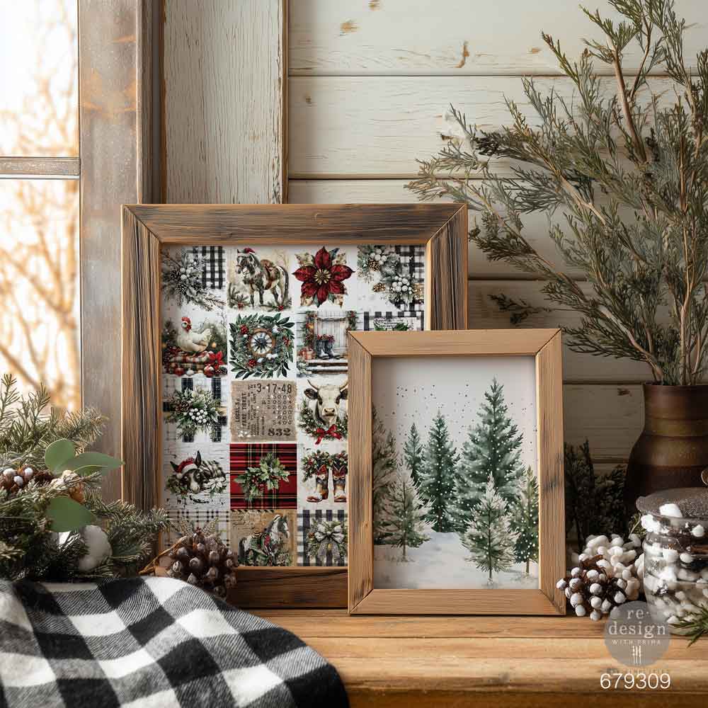 Re-Design with Prima Decoupage Fiber Pack, Farmhouse Frost, Country Rustic Holiday, 2 sheets, A4 8.3″x11.7″ each, Mixed Media