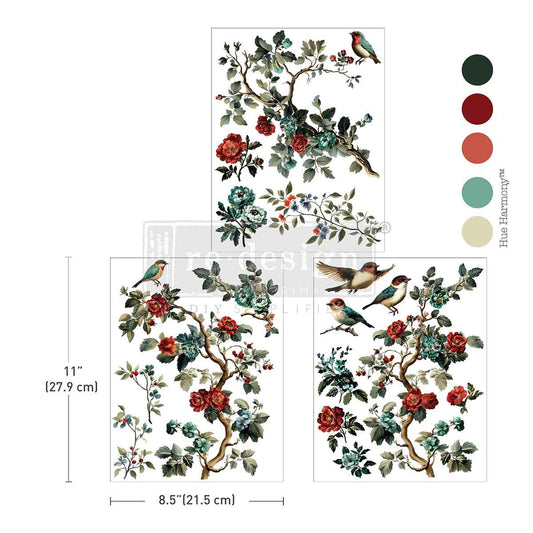 Re-Design with Prima, Middy Transfers, Christmas, The Rosy Nest, Rub on Transfers, Roses, Birds, 2025 Q4, 3 sheets, 8.5″x11″