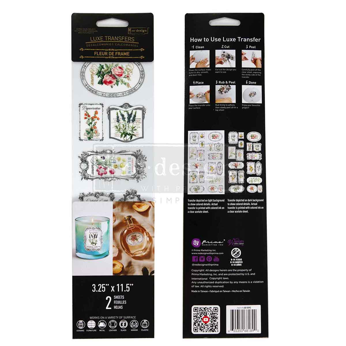 Re-Design with Prima, Rub on, Luxe Transfers®, Fleur De Frame, Vintage Floral Labels, Ornate Frames, 2 sheets, 3.25″x11.5″ each, Crafts Re-Design with Prima