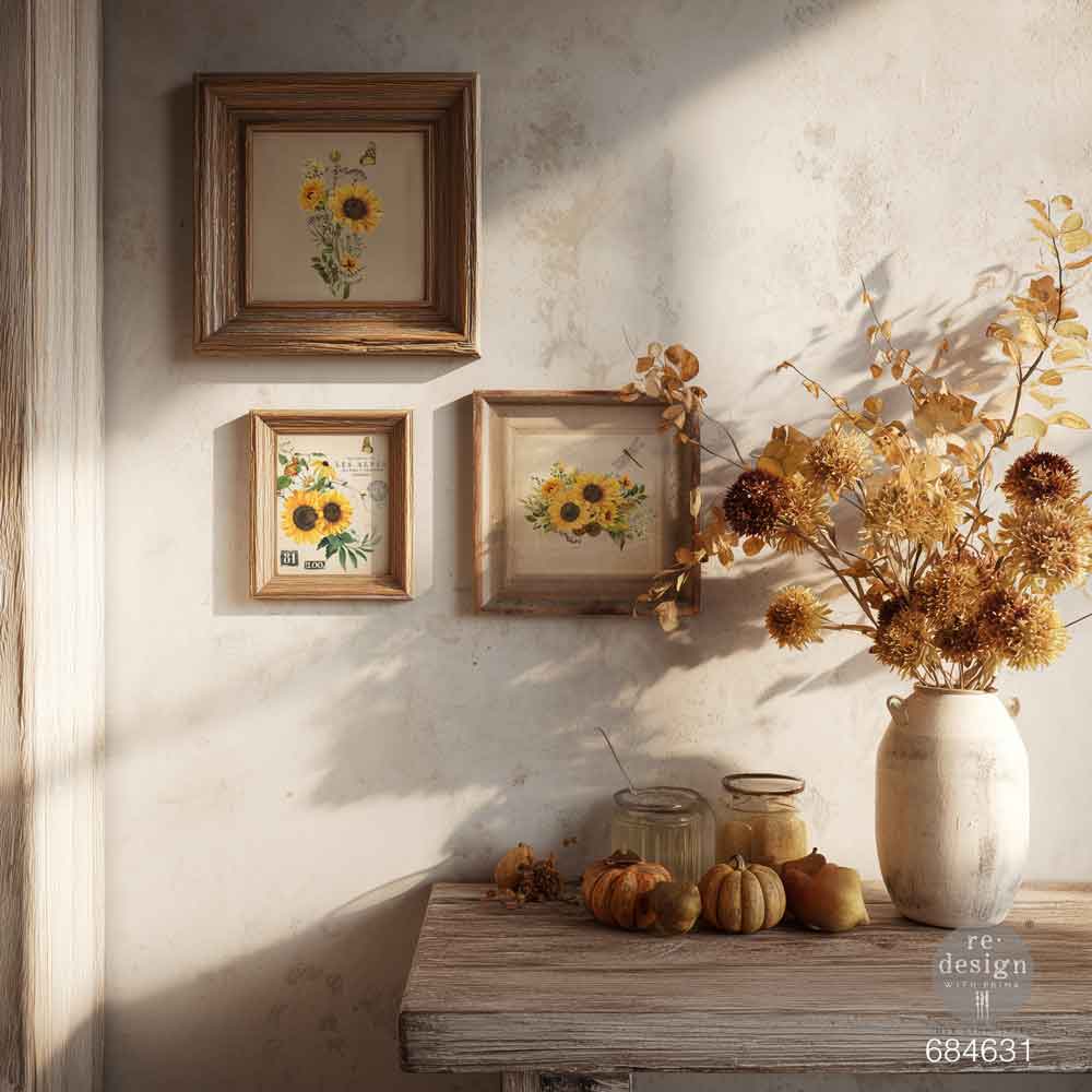 Re-Design with Prima, H2O Water Rub-on Transfers, Rustic Amber Petals, Sunflowers, 1 sheet, 8.5″x11″, Crafts