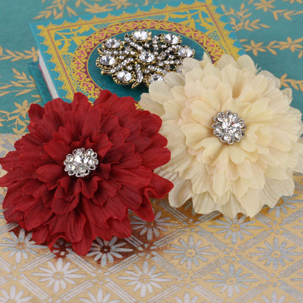 Prima Flowers, Paper, Scrapbooking, Mixed Media, Poppies, Peonies, Rhinestones, Red, Cream, 2 Piece, 922290