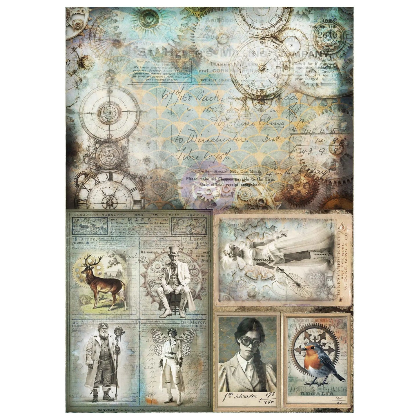 Re-Design with Prima, Finnabair, Decoupage Fiber, Time Traveler, Steam and Frost, Steampunk, Clocks, Gears, Mixed Media, Crafts, 1 sheet, A3 11.7″x16.5 Re-Design with Prima