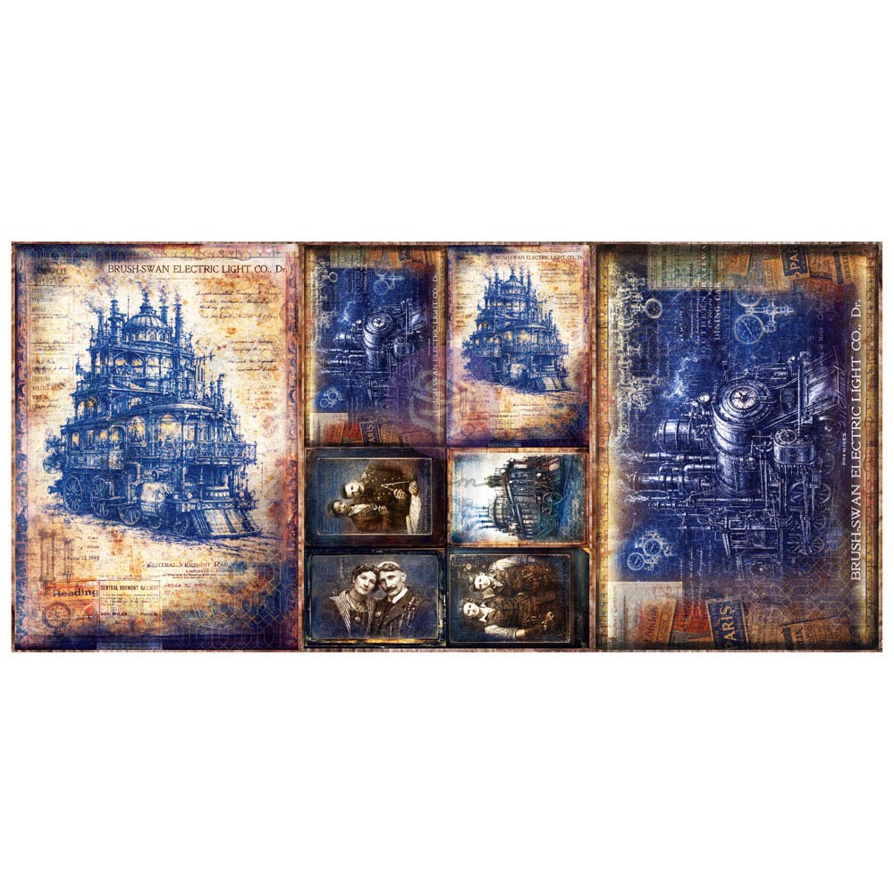 Re-Design Prima, Finnabair, Decoupage Fiber Paper Set, Steam bound Visions, Vintage Style, Mechanical, Ephemera, 3 sheets, A3 11.7x16.5