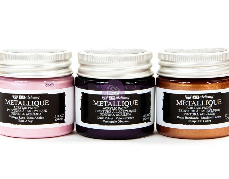 Finnabair, Art Alchemy, METALLIQUE ROCOCO, High Metallic Shine, Acrylic Paint, Vintage Rose, Dark Velvet, Brass Hardware, 1.7 oz, Set of 3