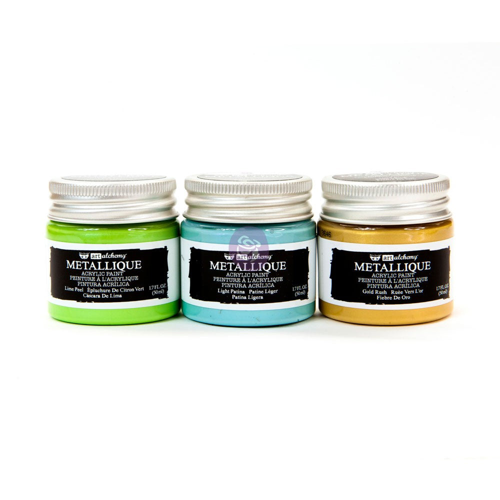 Finnabair, Art Alchemy, Metallic Acrylic Paint, Patina Blue, Lime Green, Gold Set 3