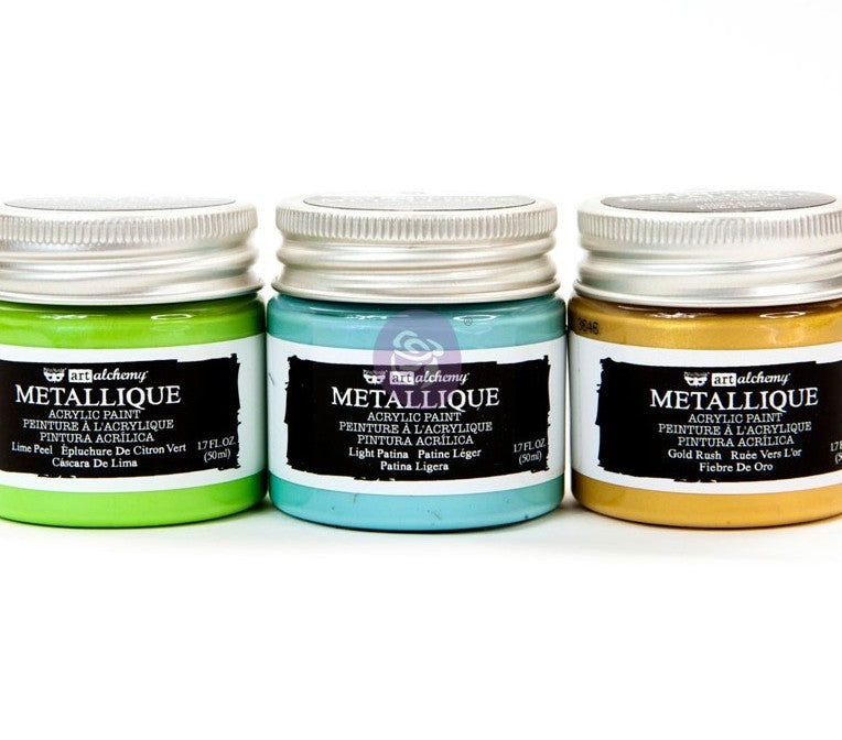 Finnabair, Art Alchemy, Metallic Acrylic Paint, Patina Blue, Lime Green, Gold Set 3