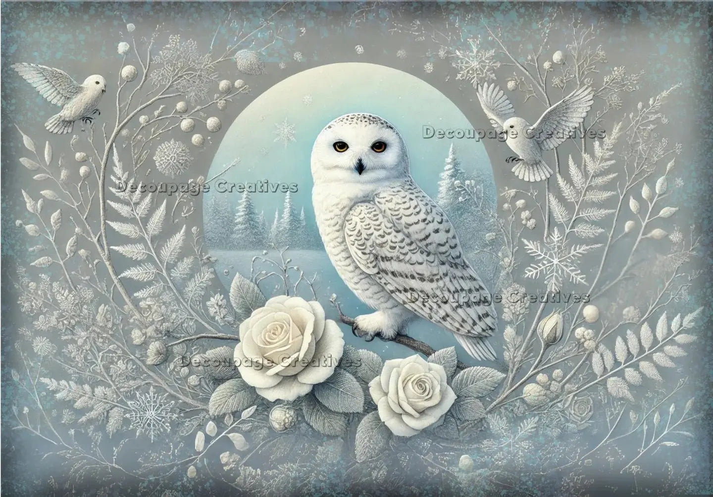 Decoupage Creatives, Rice Paper, Snow, Rose, Owls, Winter, Forest, Snow, Mixed Media, Christmas, A4 8.27 X 11.69, DPD659 Decoupage Creatives