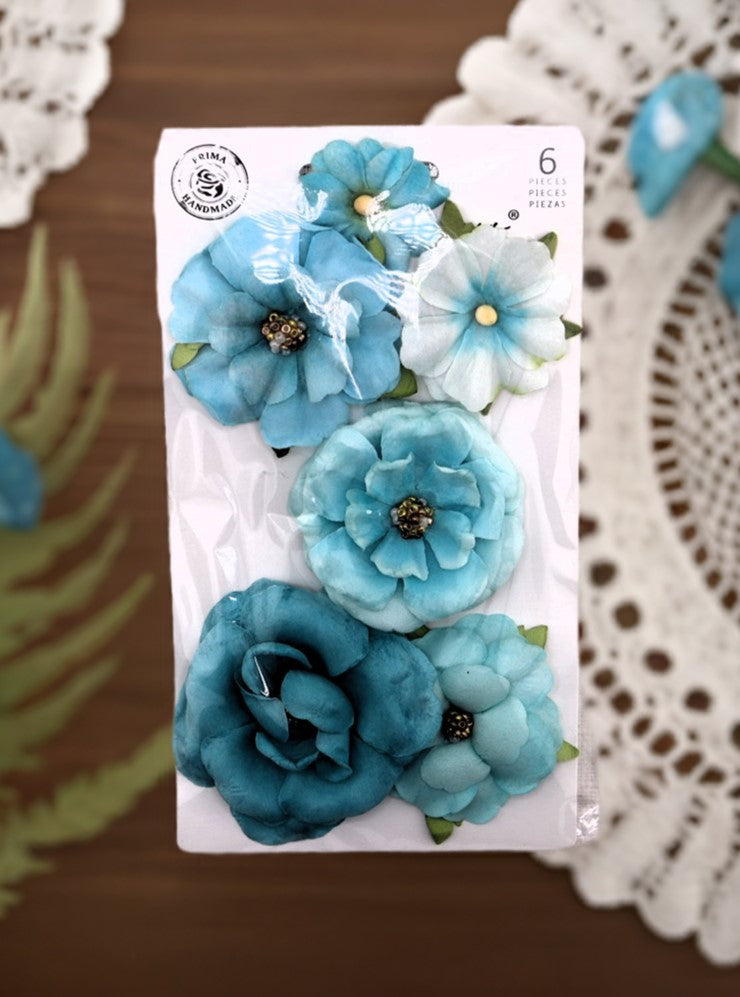 Prima Marketing, Paper Flowers, Aquarelle Dreams collection, Watercolor, Blue 6 pc Mix, Scrapbooking, Mixed Media, Crafts, 659684