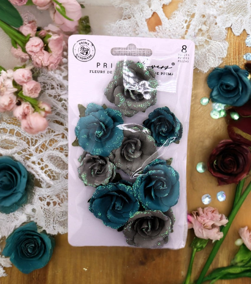 Prima Marketing, Paper Flowers, Lost in Wonderland Collection, Blue Illusion, Sparkly, Scrapbooking, Mixed Media, Crafts, 8 piece, 665777