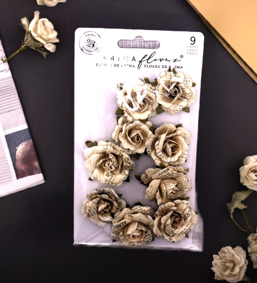 Prima Marketing, Handmade Paper Flowers, Nature Academia, Unearthed, Newsprint, 9 pc Mix, Scrapbooking, Mixed Media, Crafts, 671280