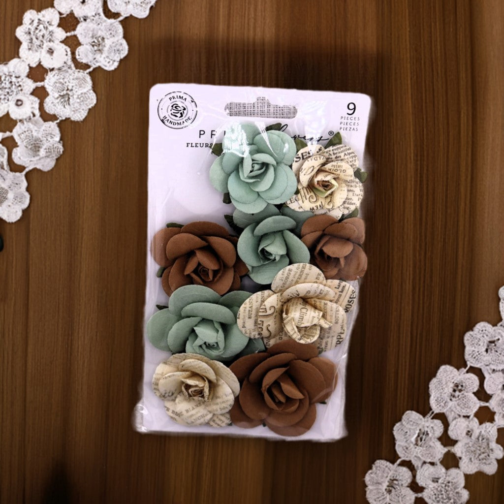 Prima Marketing, Paper Flowers, Nature Academia Collection, Roses, Newsprint, Forest Shades, Scrapbooking, Mixed Media, Crafts, 671327