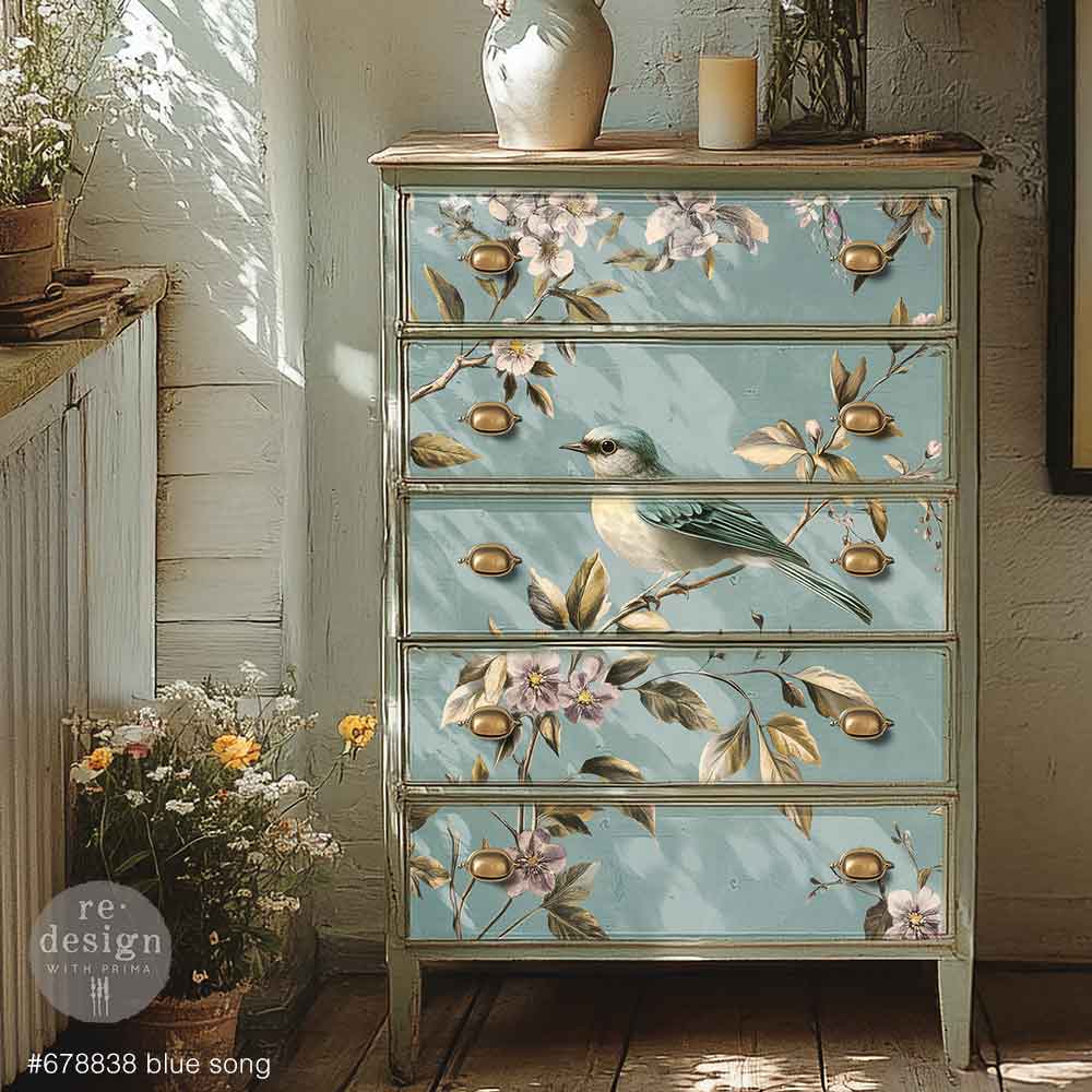 Re-Design with Prima, Decoupage Fiber Paper Set, Blue Song, Bird, 1 sheet, 23.4″x33.1″ Shabby chic, Vintage Style, 2025 Q3