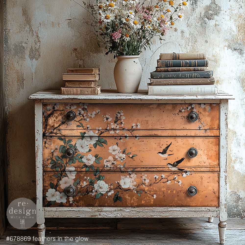Re-Design with Prima, Decoupage Fiber Paper, Feathers In The Glow, Golden Copper, Metallic, 23.4″x33.1″ Shabby chic, Vintage Style, 2025 Q3