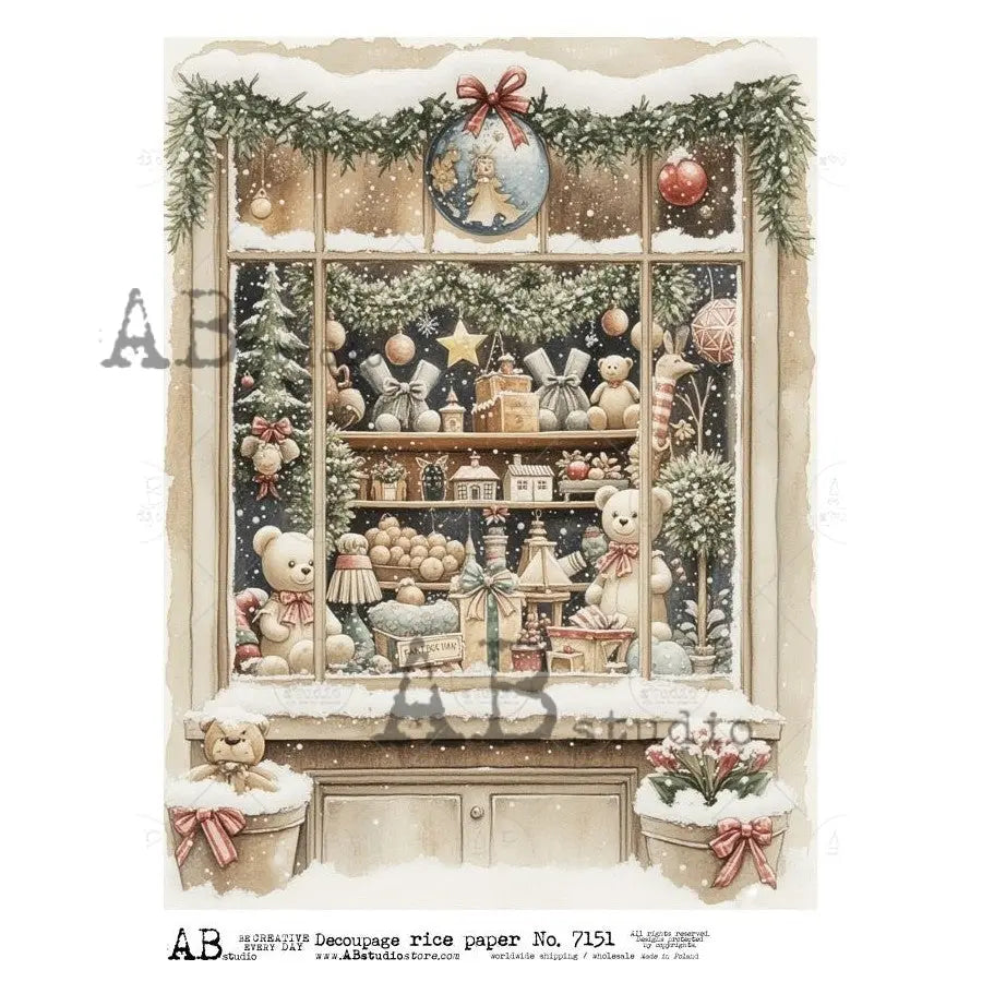 AB Studio, Rice Paper, Christmas, Window Scene, Toy Shop, Snow, 7151, A4 8.27 X 11.69 Decoupage, Mixed Media AB Studio