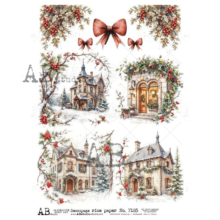 AB Studio, Rice Paper, Christmas, Victorian Houses, Ornament Rounds, Holly Wreaths, 7185,  A4 8.27 X 11.69  Decoupage, Mixed Media