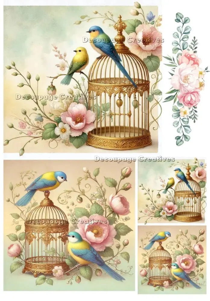 Decoupage Creatives, Rice Paper, Spring Birds, Cages, Flowers, Cards, Squares, Mixed Media, Squares, Flowers, A4 8.27 X 11.69, DPD-731 Decoupage Creatives