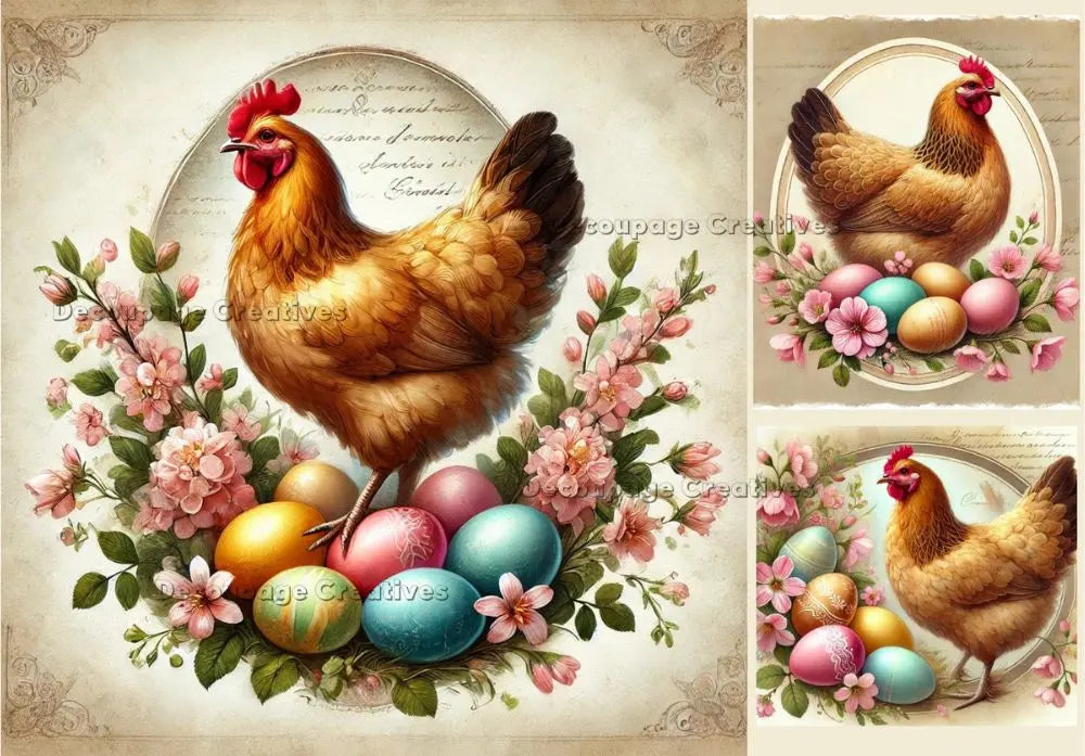 Decoupage Creatives, Rice Paper, Mixed Media, Easter, Eggs, Roosters, Spring, Squares, Flowers, Squares A4 8.27 X 11.69, DPD-739 Decoupage Creatives