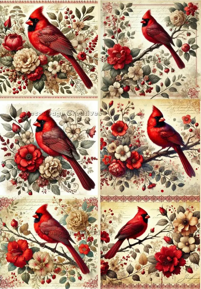 Decoupage Creatives, Rice Paper, Mixed Media, Red Floral Cardinals, Spring, Cards, Flowers,A4 8.27 X 11.69, DPD-756 Decoupage Creatives
