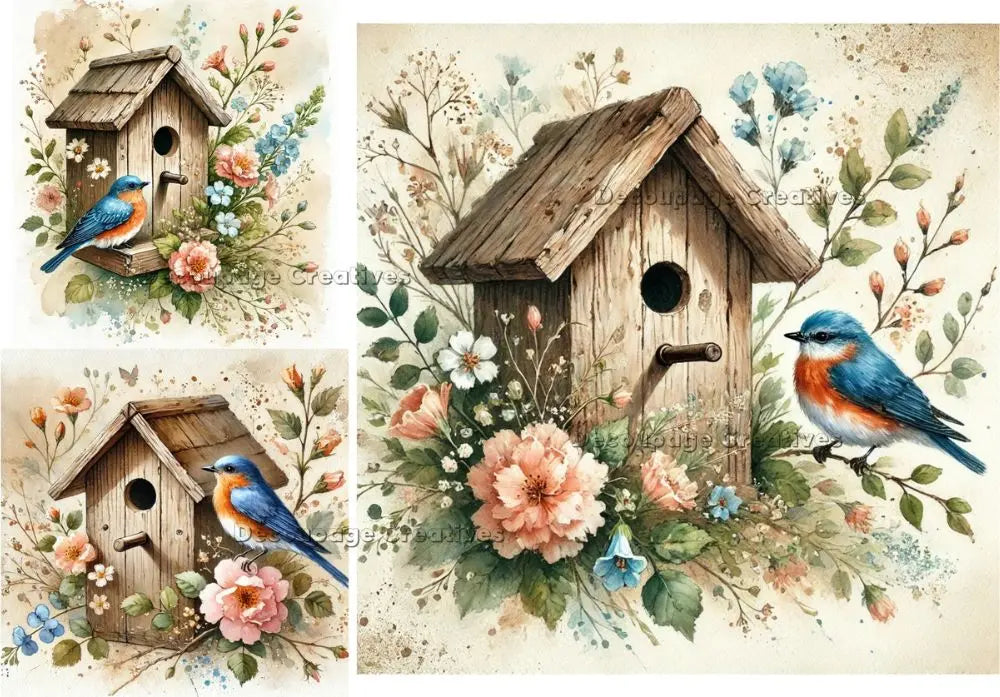 Decoupage Creatives, Rice Paper, Spring, Flowers, Bird Houses, Cards, Squares, Mixed Media, Squares, A4 8.27 X 11.69, DPD-763 Decoupage Creatives