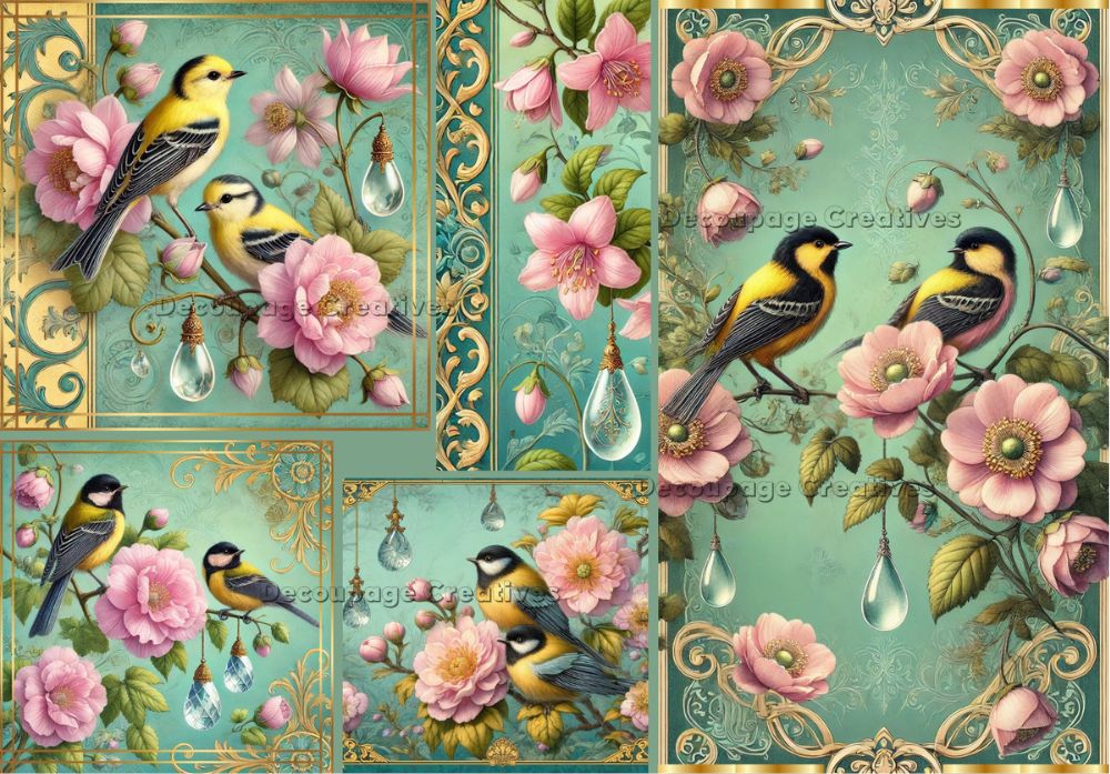 Decoupage Creatives, Rice Paper, Spring Birds, Royal Goldfinch, Flowers, Squares, Mixed Media, Squares, Flowers, A4 8.27 X 11.69, DPD-766