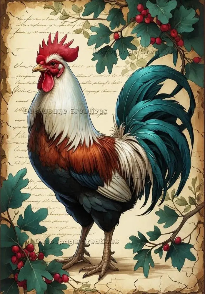 Decoupage Creatives, Rice Paper, Prize Rooster, Country, Colorful, Mixed Media, A4 8.27 X 11.69 DPD816 Decoupage Creatives
