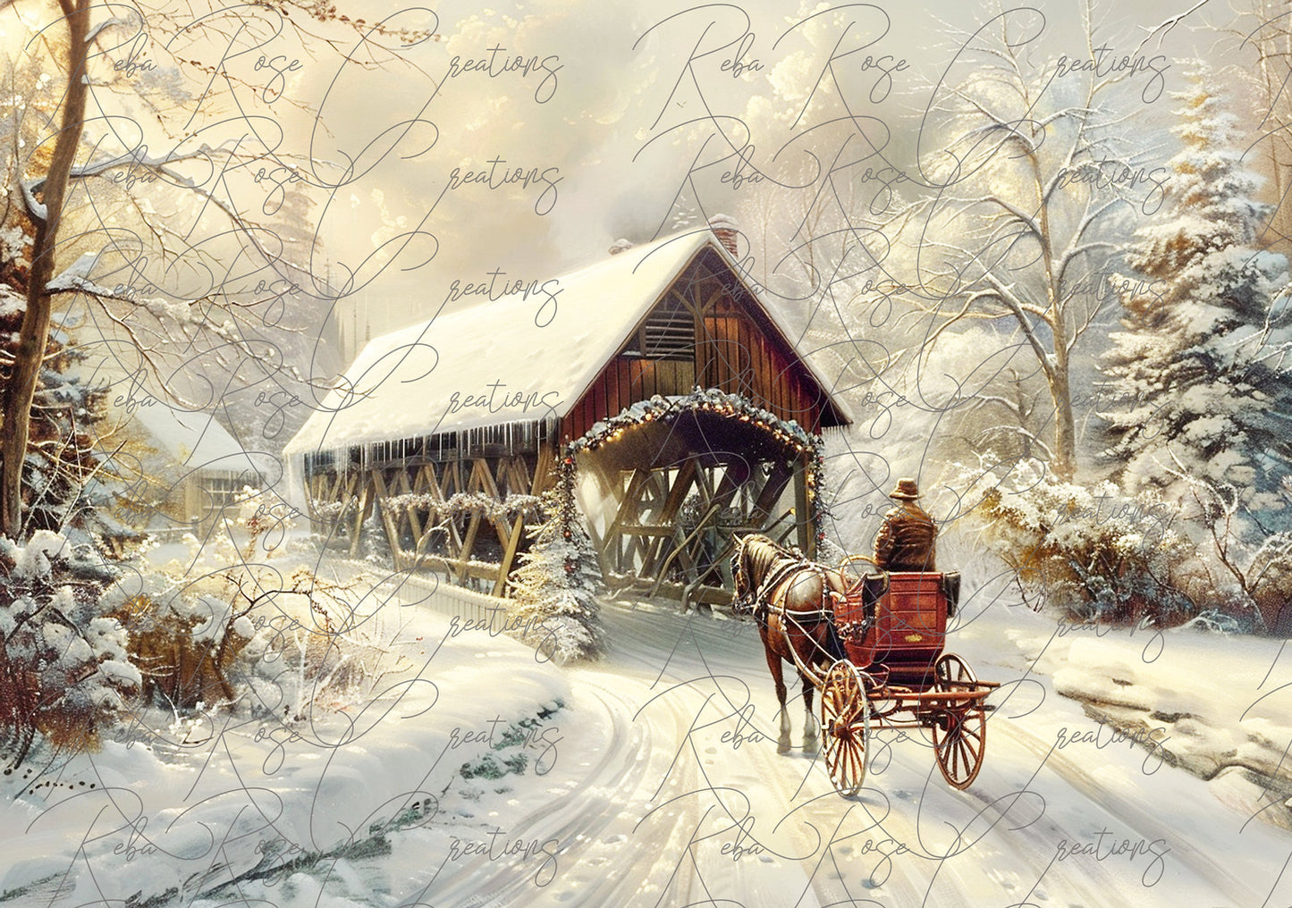 Reba Rose Creations, Rice Paper for Decoupage, Mixed Media, Home for Christmas, Winter Snow Landscape, Carriage, Bridge, A3, 11.7 x 16.5