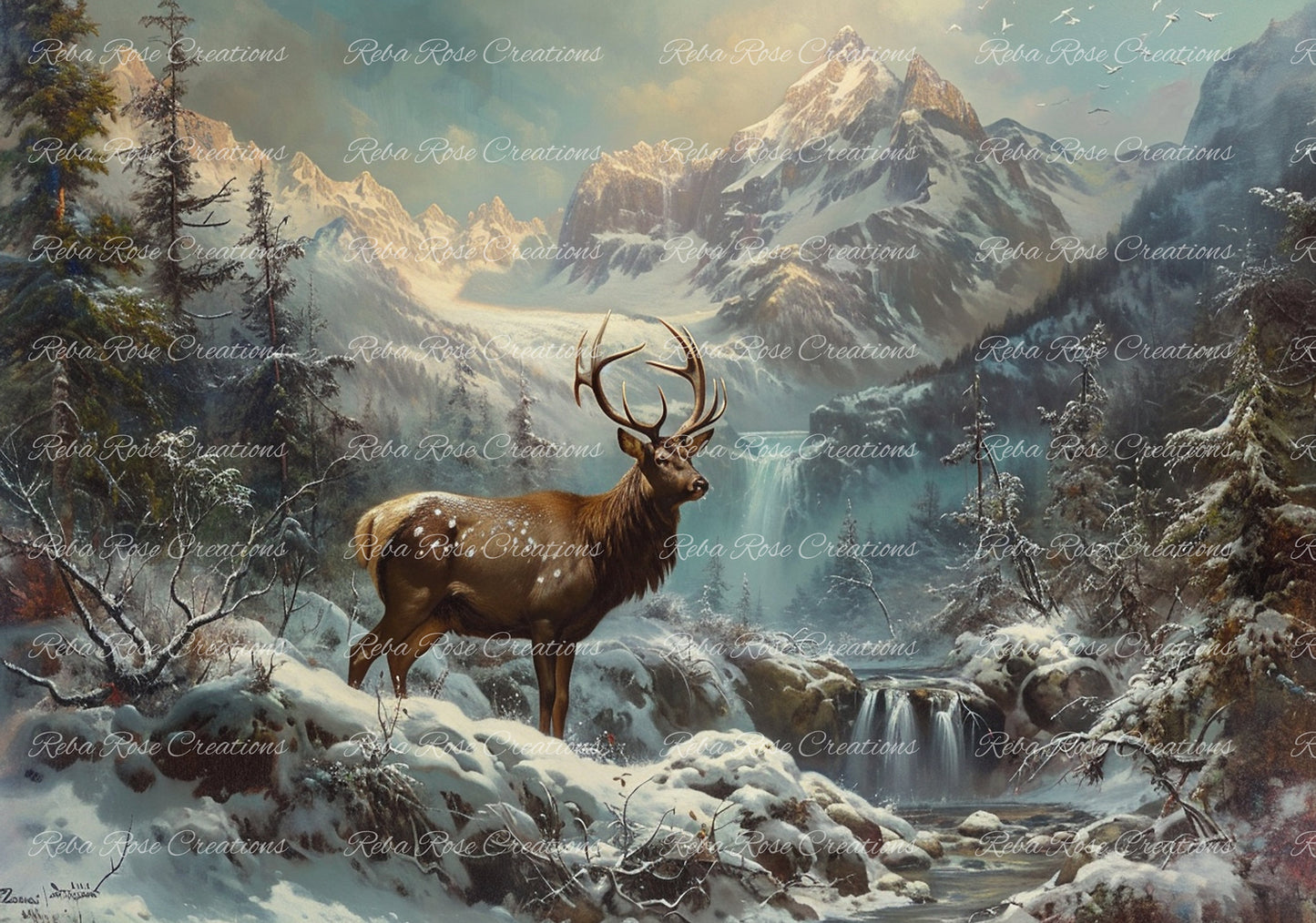 Reba Rose Creations, Rice Paper for Decoupage, Mixed Media, Winter, Deer, Landscape, Mountains, Snow, A3, 11.7 x 16.5