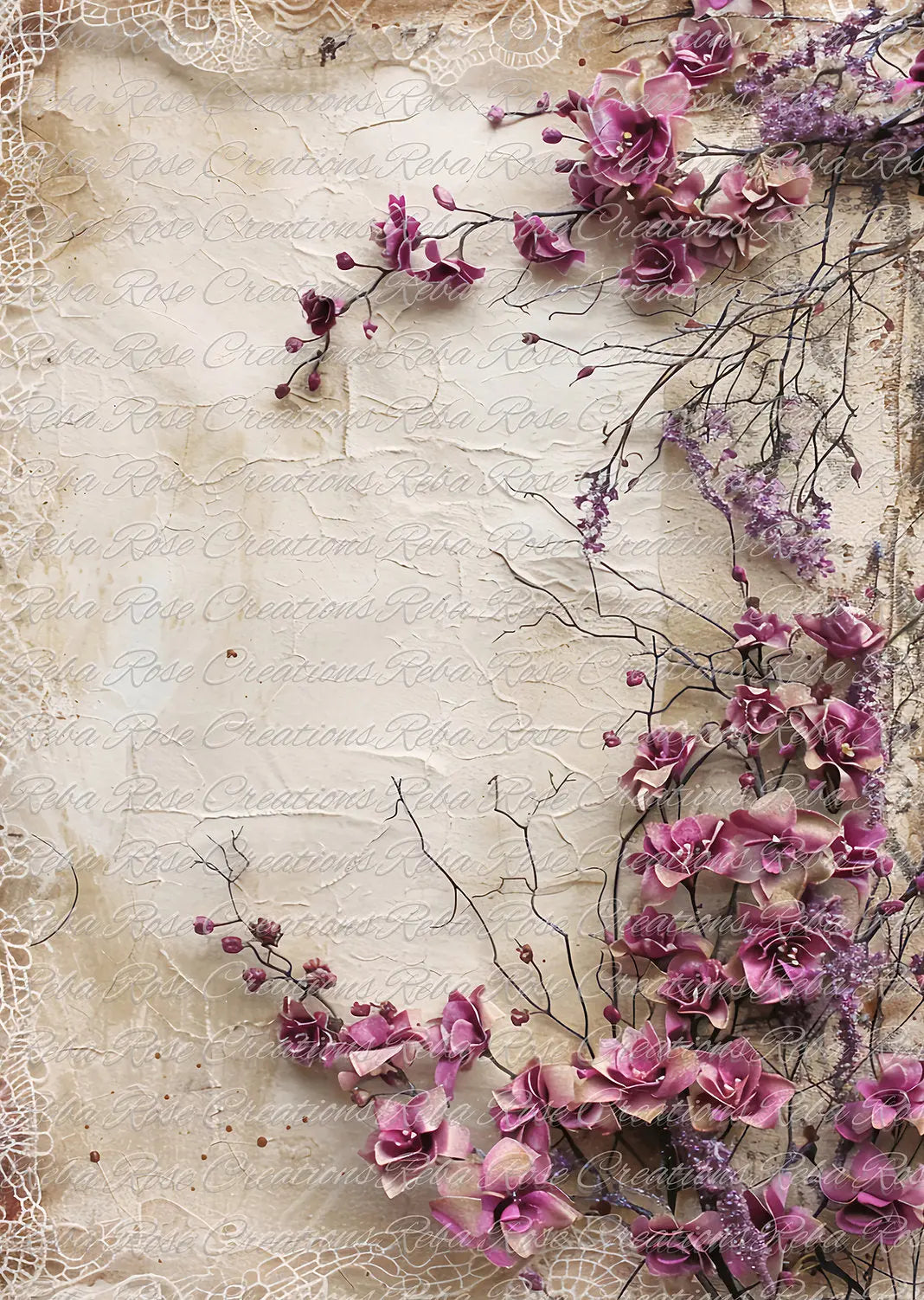 Reba Rose Creations, Rice Paper for Decoupage, Mixed Media, Purple Flowers, Shabby Chic, Background, Wallpaper, A3-145, 11.7 x 16.5 Reba Rose