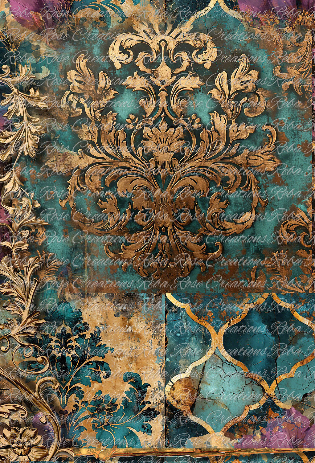 Reba Rose Creations, Rice Paper for Decoupage, Mixed Media, Gold, Turquoise, Damask, Wallpaper, Background, A3-152, 11.7 x 16.5