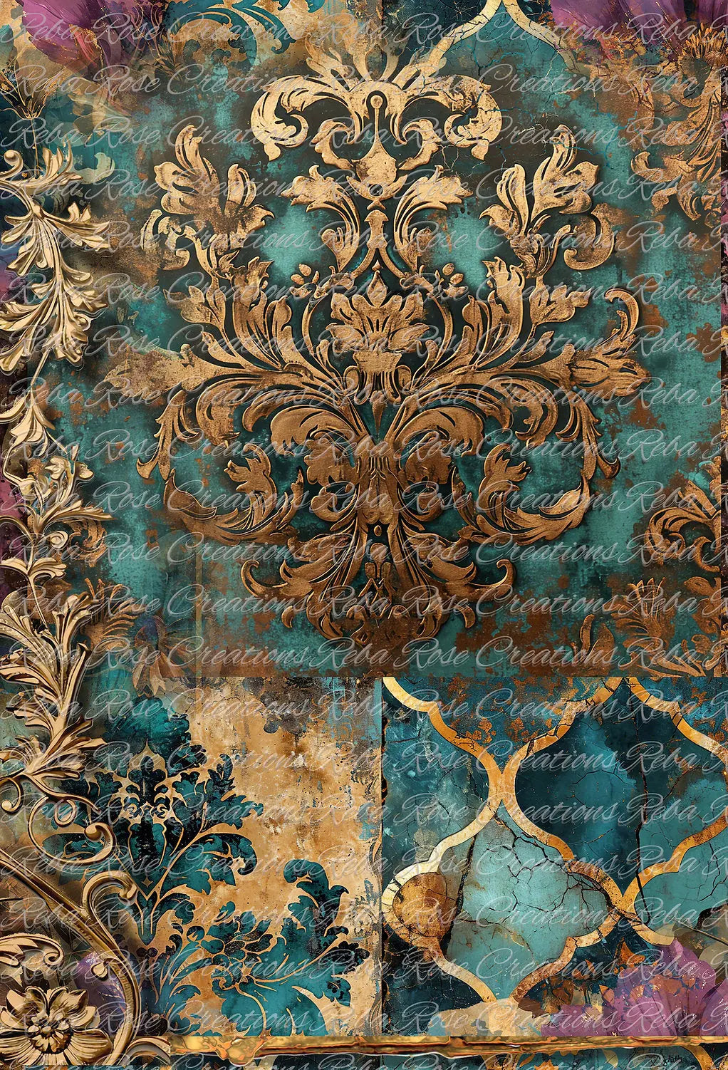 Reba Rose Creations, Rice Paper for Decoupage, Mixed Media, Gold, Turquoise, Damask, Wallpaper, Background, A3-152, 11.7 x 16.5 Reba Rose