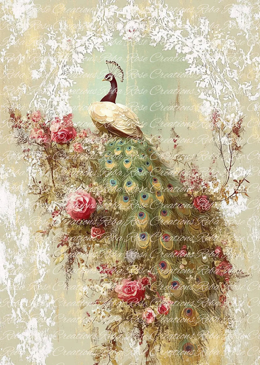 Reba Rose Creations, Rice Paper for Decoupage, Mixed Media, Peacock, Pink Roses, A3-175, 11.7 x 16.5 Reba Rose