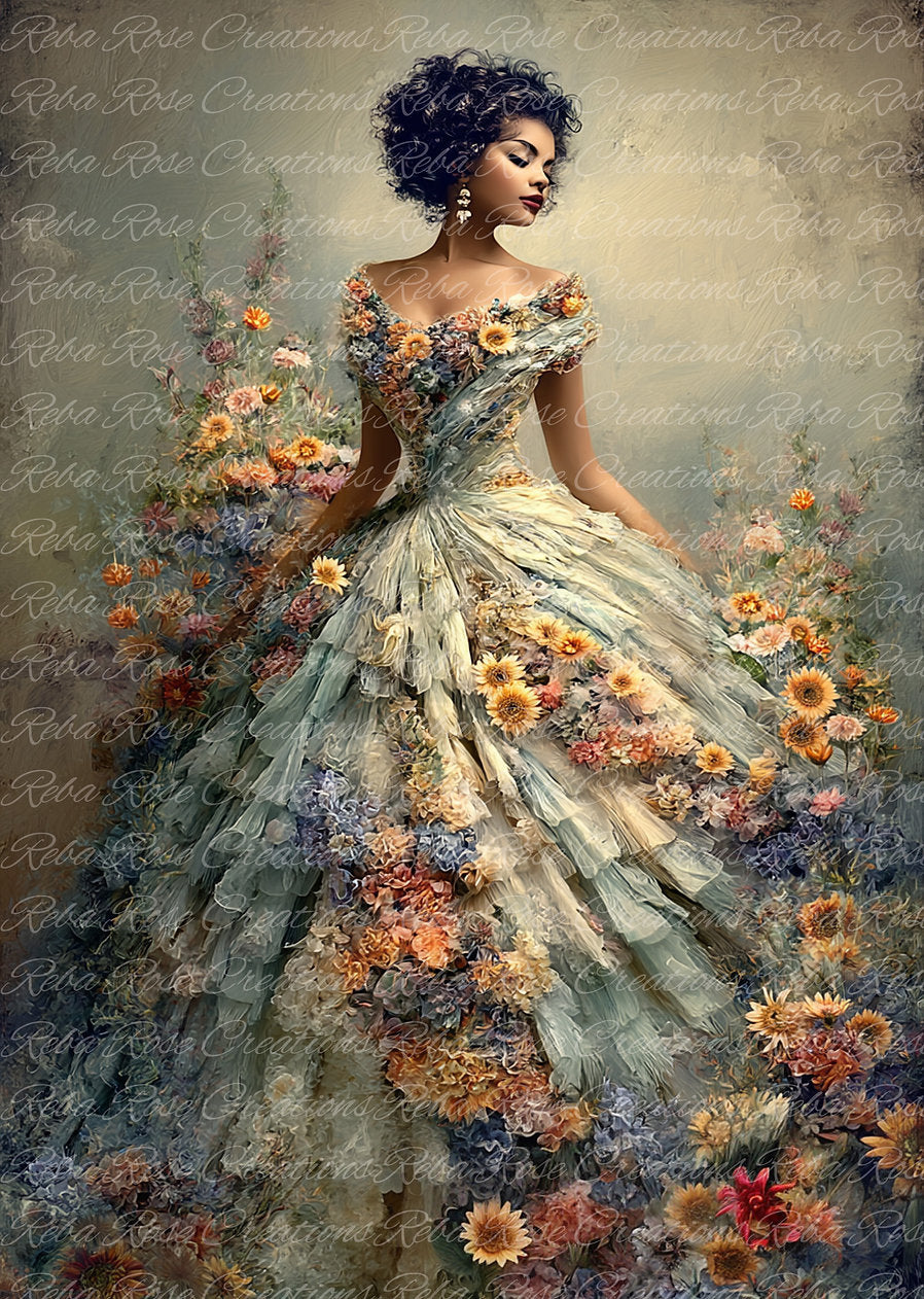 Reba Rose Rice Paper for Decoupage, Mixed Media, Lady in a Floral Gown, A3, 11.7 x 16.5