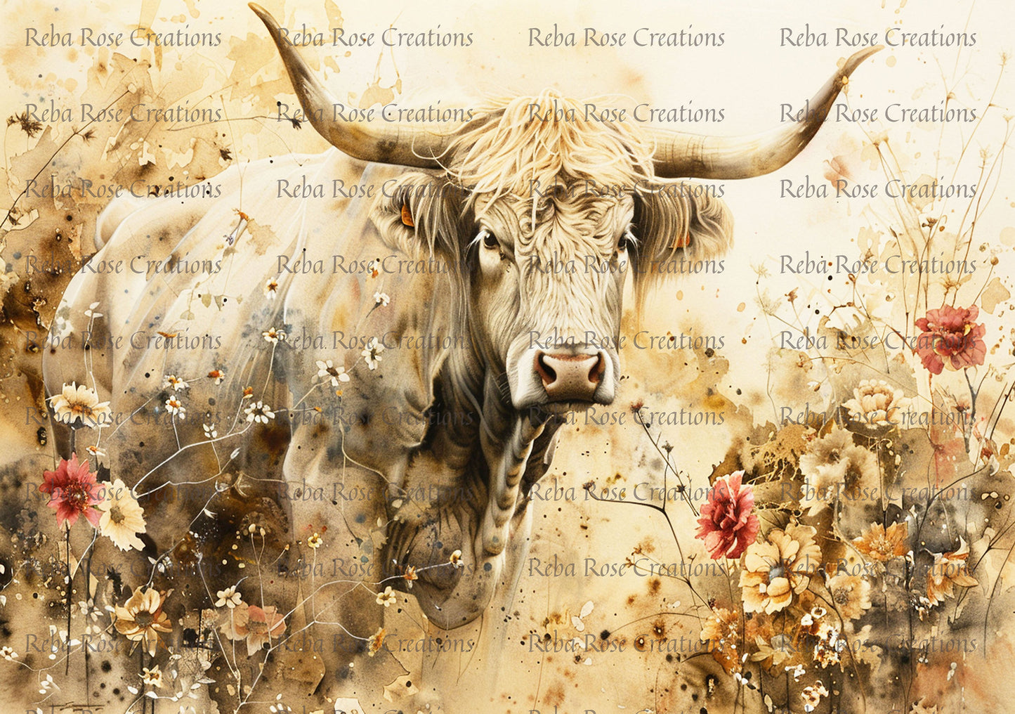 Reba Rose Creations, Rice Paper for Decoupage, Mixed Media, Highlander, Cow, Floral, Country, A3, 11.7 x 16.5