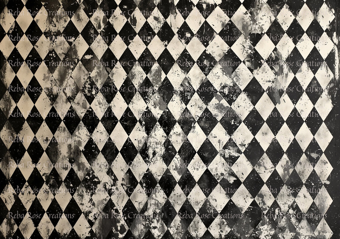 Reba Rose Creations, Rice Paper for Decoupage, Mixed Media, Black, White, Harlequin, Diamonds, Wallpaper, Background, A3, 11.7 x 16.5
