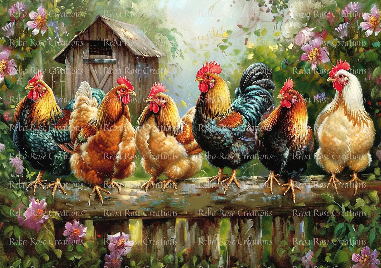 Reba Rose Creations, Rice Paper for Decoupage, Mixed Media, Farm, Chicken Line, Roosters, Country, A3-39, 11.7 x 16.5 Reba Rose
