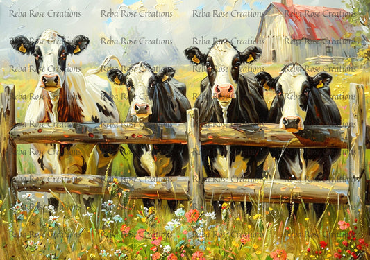 Reba Rose Creations, Rice Paper for Decoupage, Mixed Media, Farm, Cows, Herd, Meadow, Fence, Country, A3-40, 11.7 x 16.5
