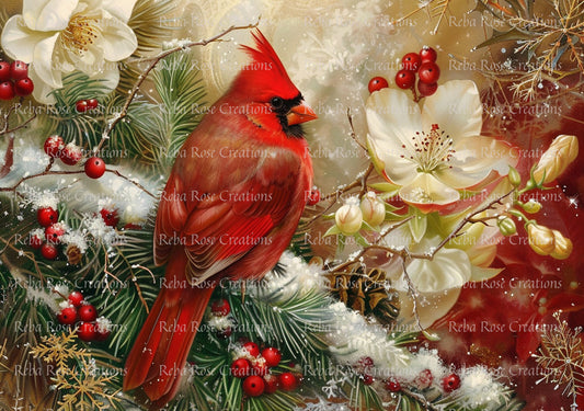 Reba Rose Creations, Rice Paper for Decoupage, Mixed Media, Cardinal, Holiday Flowers, Christmas, 43, A3, 11.7 x 16.5