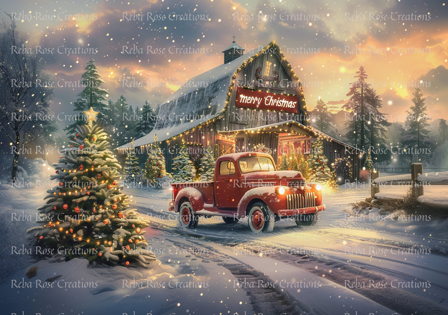 Reba Rose Creations, Rice Paper for Decoupage, Mixed Media, Merry Christmas, Farm, Country, Vintage, Winter Snow Landscape, A3, 11.7 x 16.5