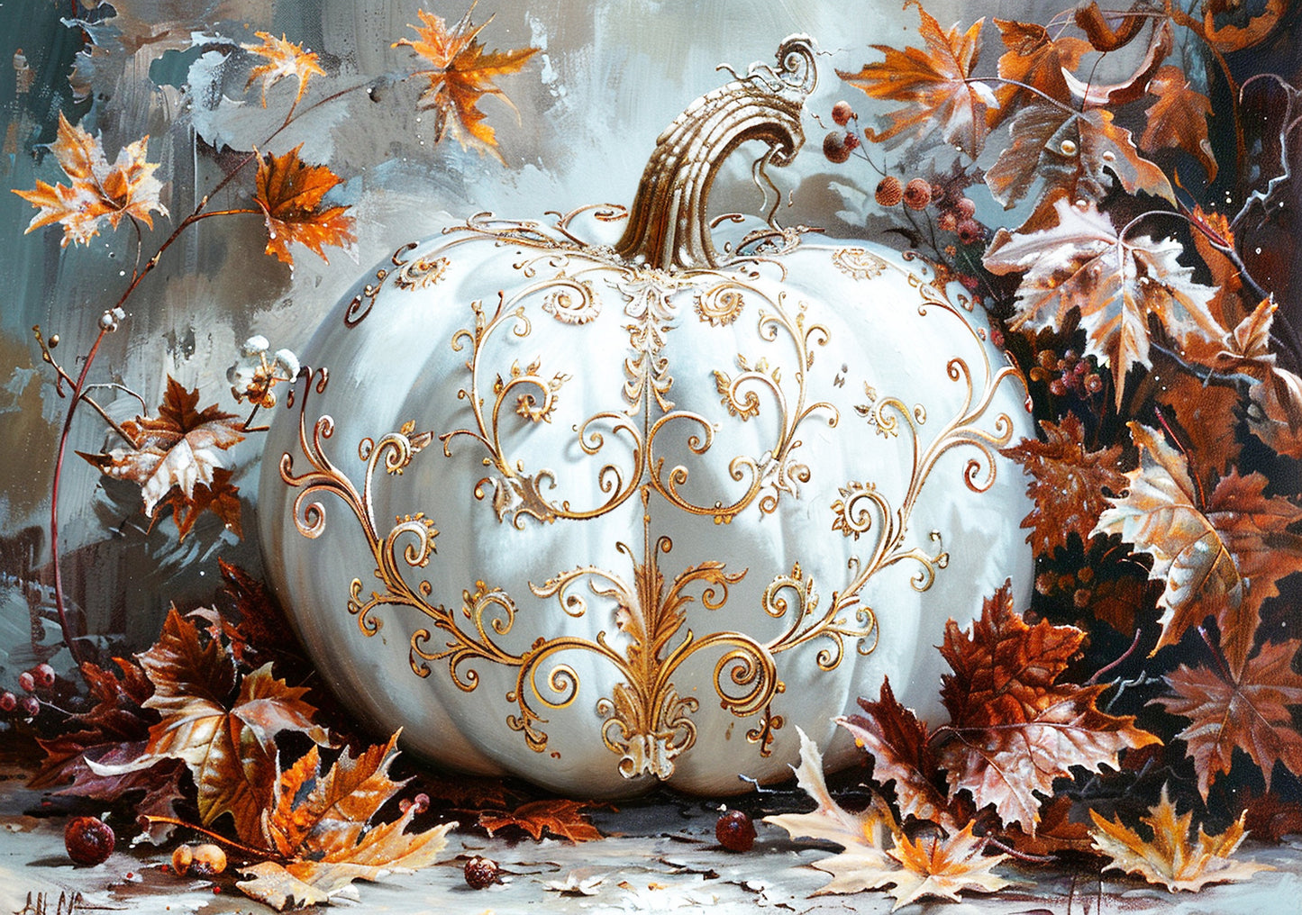 Reba Rose Creations, Rice Paper for Decoupage, Mixed Media, White, Gold Scroll Pumpkin, Fall, Thanksgiving, A3-72, 11.7 x 16.5