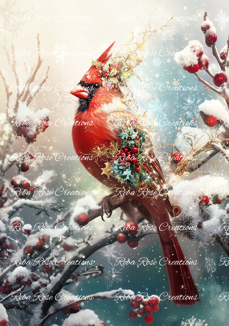 Reba Rose Creations, Rice Paper for Decoupage, Mixed Media, Christmas, Fancy Feathers, Cardinal, Snow, A3, 11.7 x 16.5