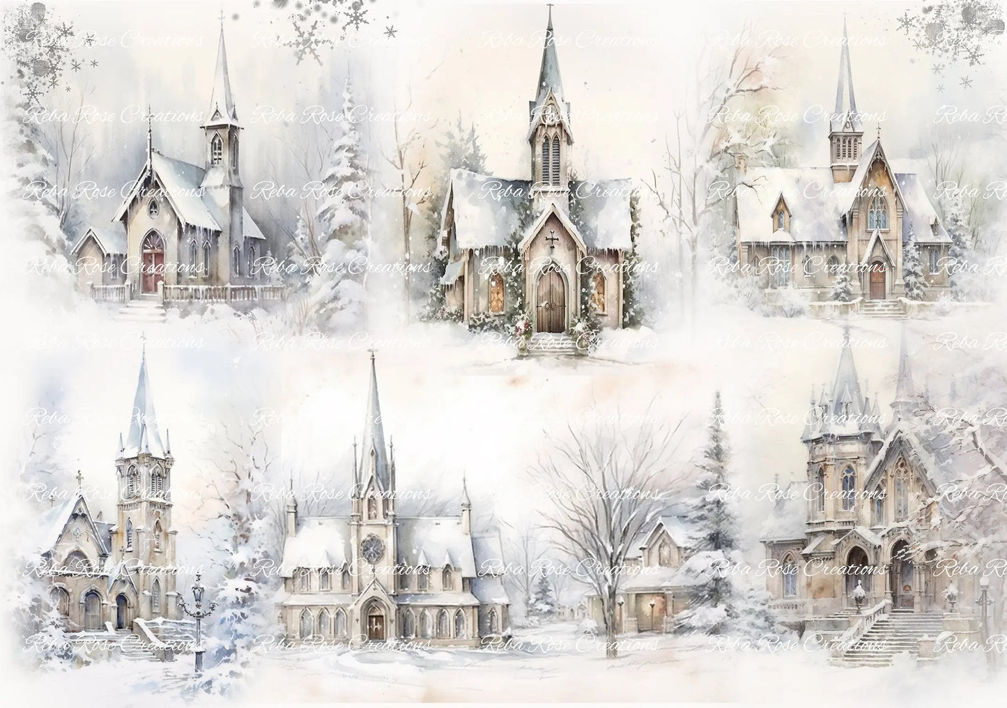 Reba Rose Creations, Rice Paper for Decoupage, Mixed Media, Winter Churches, Squares, Christmas, Snow Landscape, A3-85, 11.7 x 16.5 Reba Rose