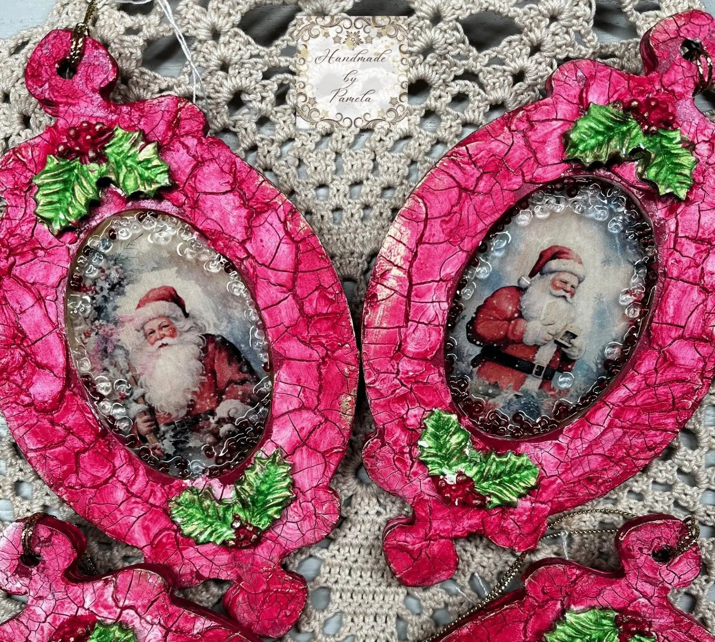 Handcrafted, laser cut MDF, Decoupage, Mixed Media, Christmas Ornament Set of 4, Santa Claus Handmade by Pamela