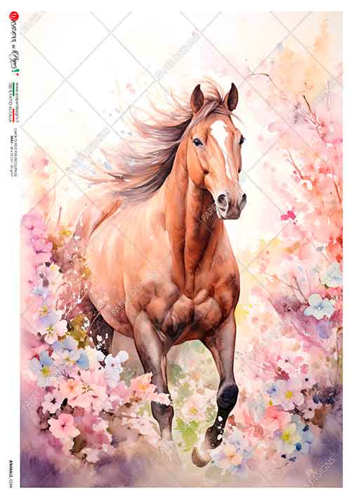 Paper Designs, 2024 Spring Release, Stallion, Horse, Pink Flowers, Water Color, Rice Paper, Decoupage, Mixed  Media, 0244 A4 8.3" X 11.7"