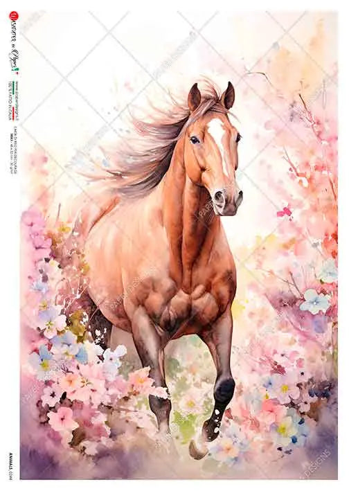 Paper Designs, 2024 Spring Release, Stallion, Horse, Pink Flowers, Water Color, Rice Paper, Decoupage, Mixed Media, 0244 A4 8.3" X 11.7" Paper Designs