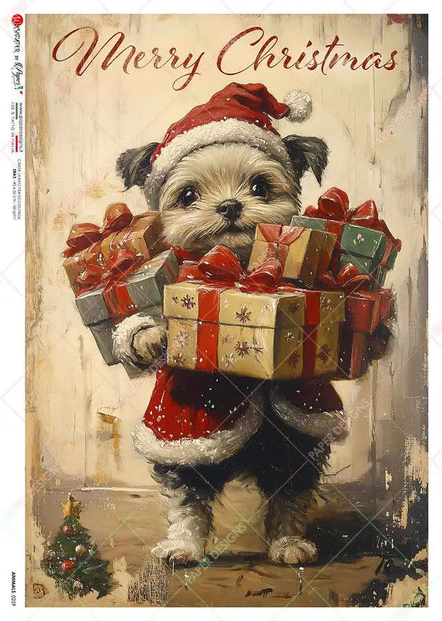 Paper Designs, Rice Paper, Merry Christmas, Puppy, Gifts, 0259, A4, 8.3" X 11.7" Decoupage, Mixed Media Paper Designs