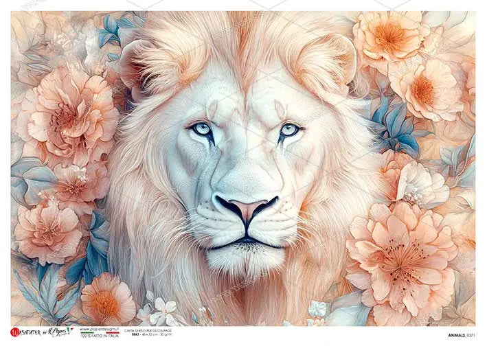 Paper Designs, Rice Paper, Lion Head, Majestic, Flowers, Shabby Chic, Decoupage, Mixed Media, Crafts, ANIMALS-0271, A4, 8.3" X 11.7" Paper Designs