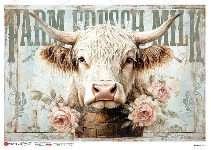 Paper Designs, Rice Paper, Country, Highland Cow, Roses, Farm Fresh, 2025 Release, 0276, A4, 8.3" X 11.7", Decoupage, Mixed Media Paper Designs