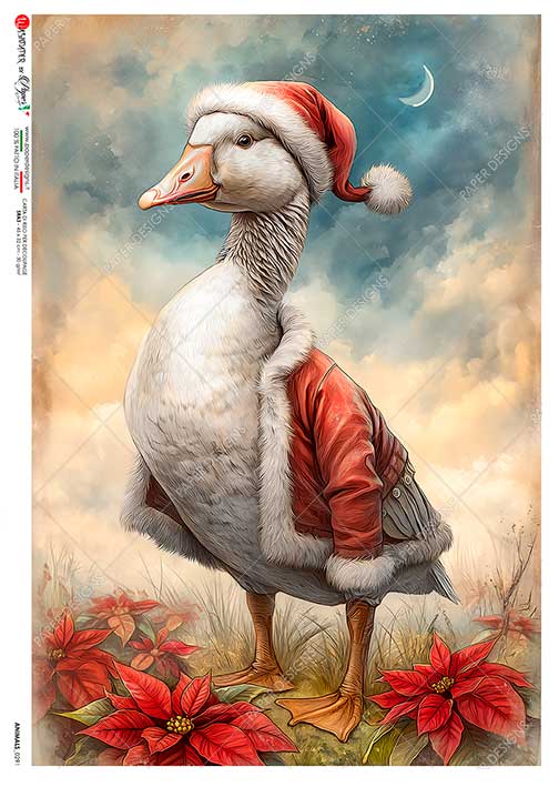 Paper Designs Rice Paper, Christmas Goose, Santa Outfit, Decoupage, Mixed Media, Scrapbooking, A4 8.6” x 12.5”