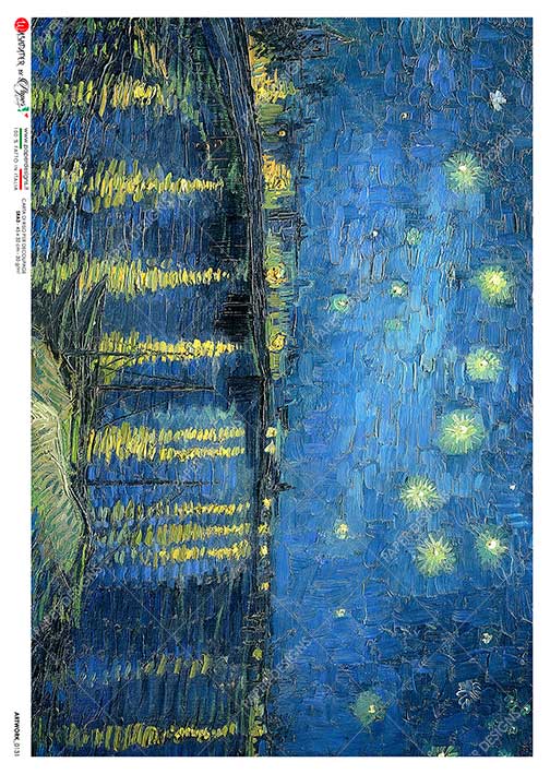 Paper Designs, Rice Paper, Artwork, Blue Sky, Lake, Night, Picasso, Decoupage, Mixed Media, 0131, A4, 8.3" X 11.7"